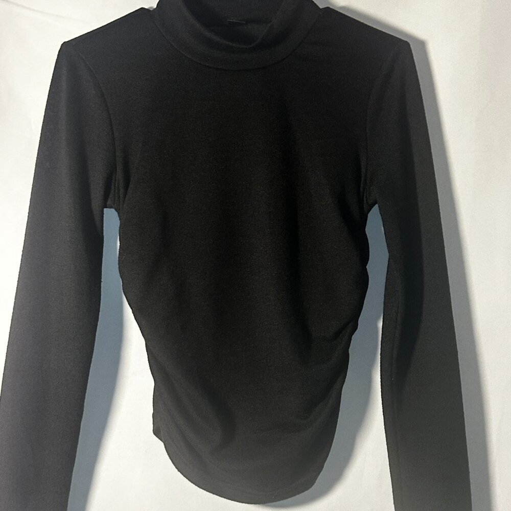 SHEIN Black Ruched Mock Neck Long Sleeve Top Size M Fitted Stretch Basic